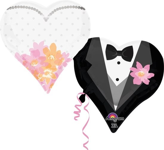 Anagram trouwerij Ballon Supershape 76 X 63 Cm Folie Zwart/wit 2-delig
