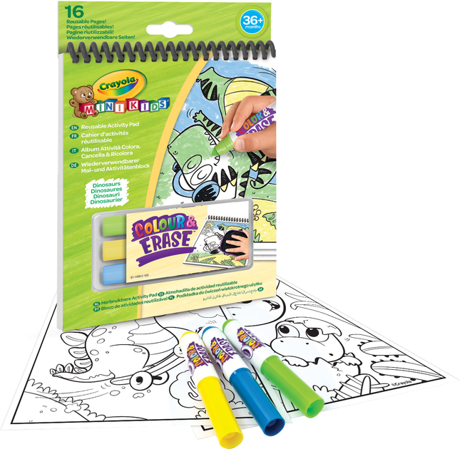 Crayola Mini Kids Colour& Erase Dinosaurs - 6 herbruikbare pagina's en 3 afwasbare viltstiften