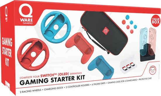 Qware Gaming - Bundel geschikt voor Nintendo Switch - Controller Grips - Gamecase - Oplader - Stuurwiel - Hoes - Thumbgrips - Starterkit - Charging station - Charger - LED Indicatie - Multi Charging - Docking station