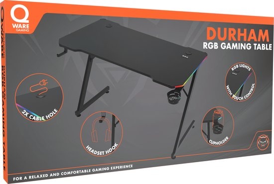Qware Gaming - Durham - RGB - Touch Bediening - Gaming Bureau - 120cm - Game desk - Gaming Tafel - Kabelmanagement - Carbon Fiber Afgewerkt Tafelblad - Zwart