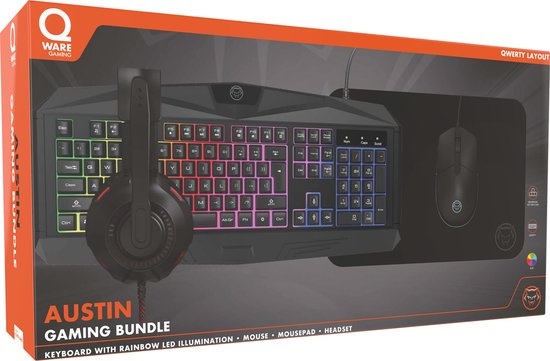 Qware Gaming - PC Gaming Bundel - Keyboard - Muismat - RGB LED Koptelefoon - Muis - Austin - Qwerty
