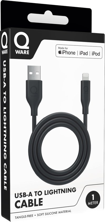 Qware - USB A to Lightning - Kabel - Cable - Fast charge - Snel laden - 1 meter - Siliconen - Knoop vrij -Extra flexibel - Zwart