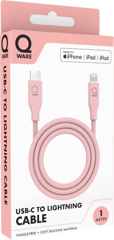 Qware - USB C to Lightning - Kabel - Cable - Fast charge - Snel laden - 1 meter - Siliconen - Knoop vrij - Extra flexibel - Roze