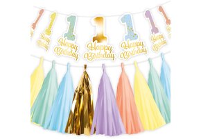 Stoeldecoratieset 1e verjaardag Regenboog 2-delig