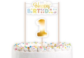 Amscan Taarttopper 1e verjaardag - 'Happy 1st Birthday' - Goud