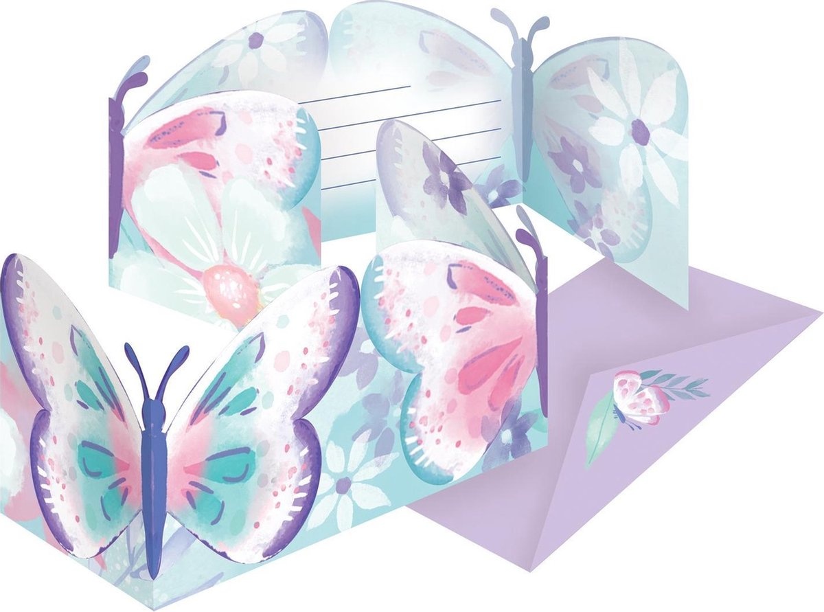 Amscan Uitnodigingen met envelop Vlinder Papier blauw/paars 8 Stuks