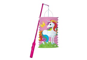 Kinderlampion “unicorn” – Lantaarnset met LED, 16×28 cm – Inclusief 40 cm Handstok – Werkt op 2×AAA (niet inbegrepen)