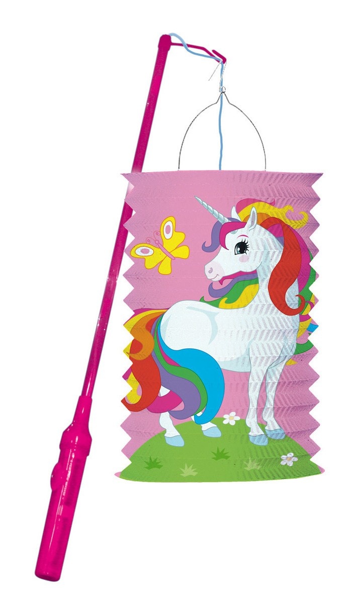 Kinderlampion “unicorn” – Lantaarnset met LED, 16×28 cm – Inclusief 40 cm Handstok – Werkt op 2×AAA (niet inbegrepen)