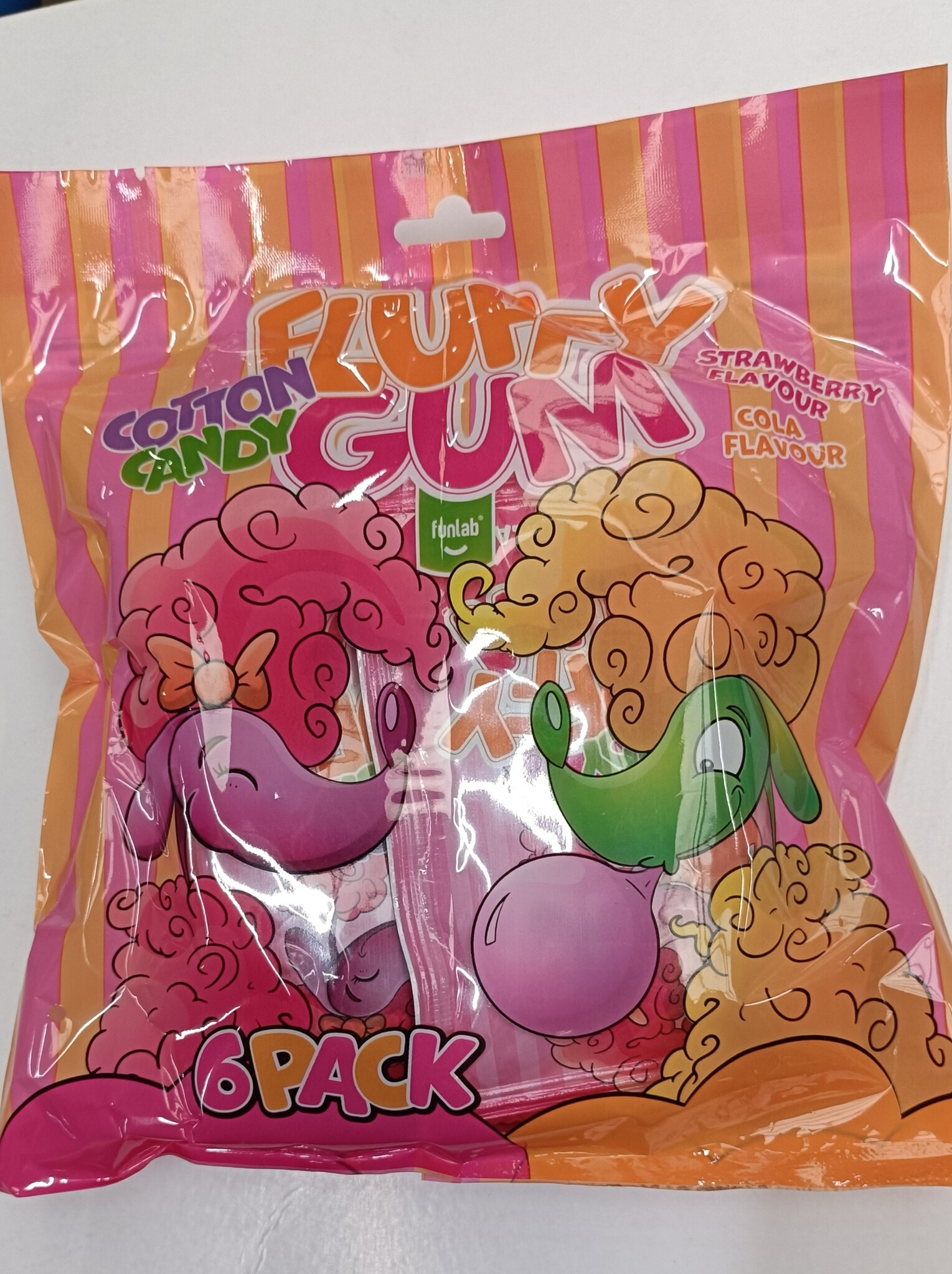 Fluffy Gum Cotton Candy Uitdeelzak met 6 zakjes Aardbei en Cola (6x5gr) 30 gram