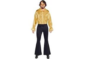 Amscan 9918526 - Heren 1970's Goud Satijn Ruffle Shirt Volwassenen Verkleedkostuum Maat: X-Large