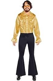 Amscan 9918526 - Heren 1970's Goud Satijn Ruffle Shirt Volwassenen Verkleedkostuum Maat: X-Large