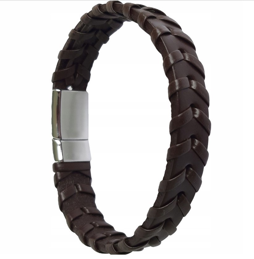 Heren armband echt leder bruin gevlochten 21,5cm