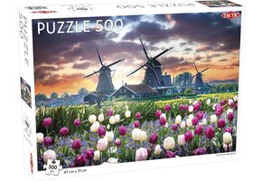 Tactic Old Mills and Tulips – Puzzel – 500 stukjes – Klassiek Landschap met Molens en Tulpen – Strak en Rustgevend Ontwerp – Hoogwaardige Scandinavische Kwaliteit
