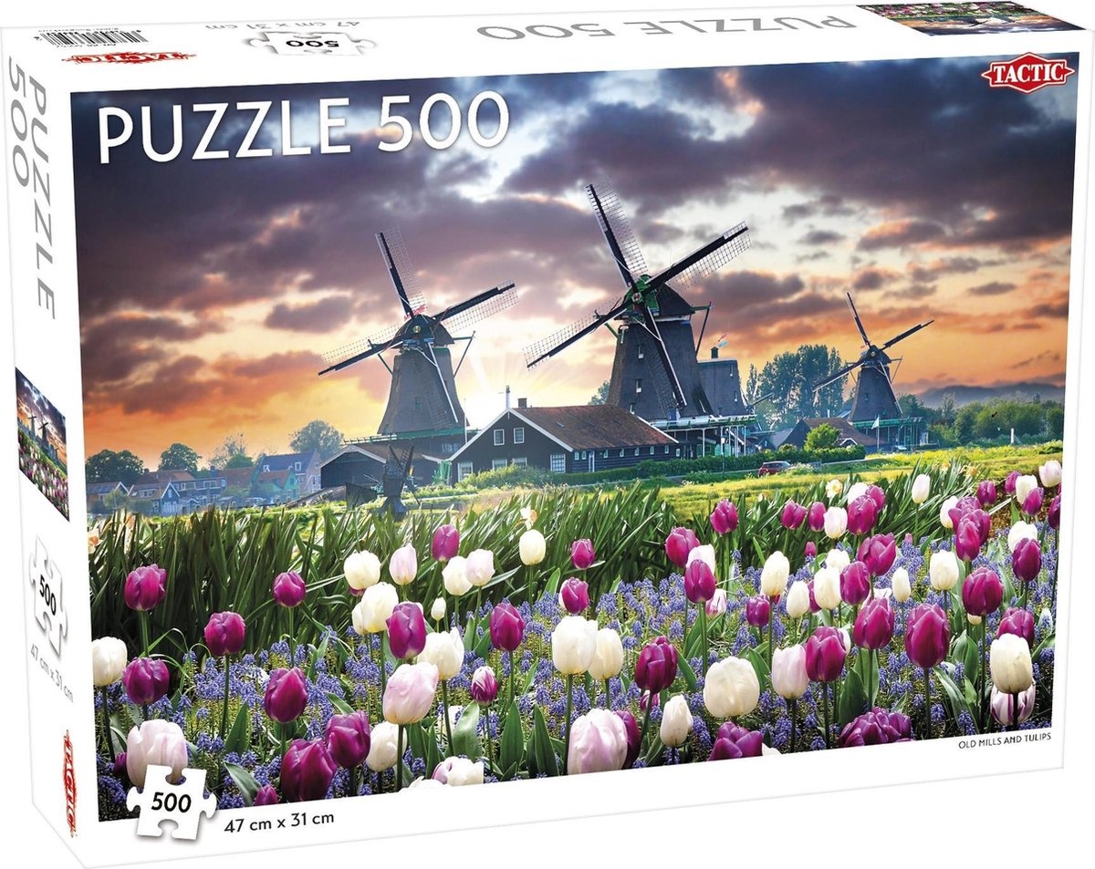 Tactic Old Mills and Tulips – Puzzel – 500 stukjes – Klassiek Landschap met Molens en Tulpen – Strak en Rustgevend Ontwerp – Hoogwaardige Scandinavische Kwaliteit