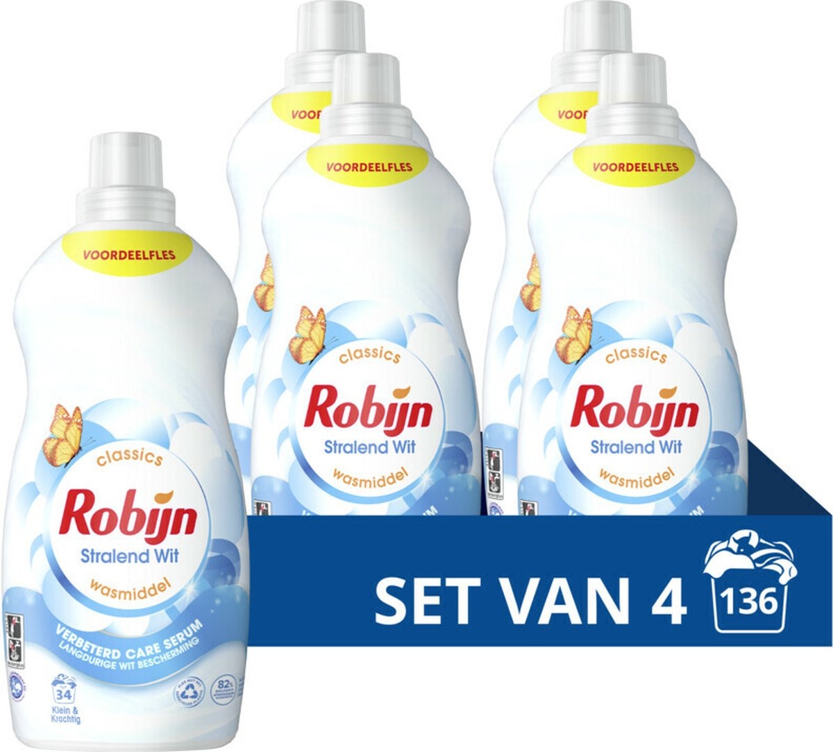 Robijn Klein & Krachtig Wasmiddel Stralend Wit 34 Wasbeurten - 4 x 1,19 liter - Voordeelverpakking