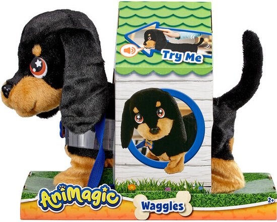 Animagic Waggles Knuffel Hond - Zwart - Interactieve Knuffel - Wandel en communiceer met Waggles