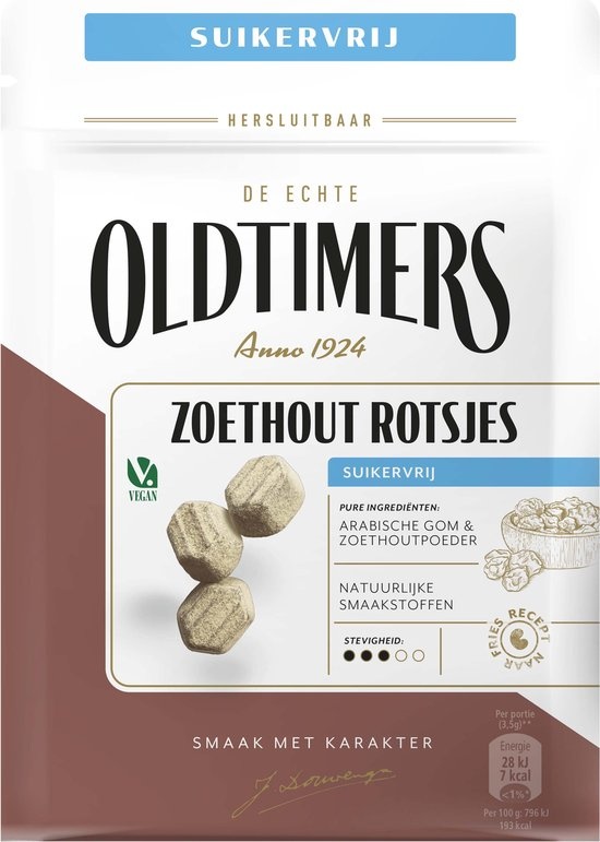 Oldtimers - Drop - Zoethout Rotsjes Suikervrij - 1 zakje - 100 gram