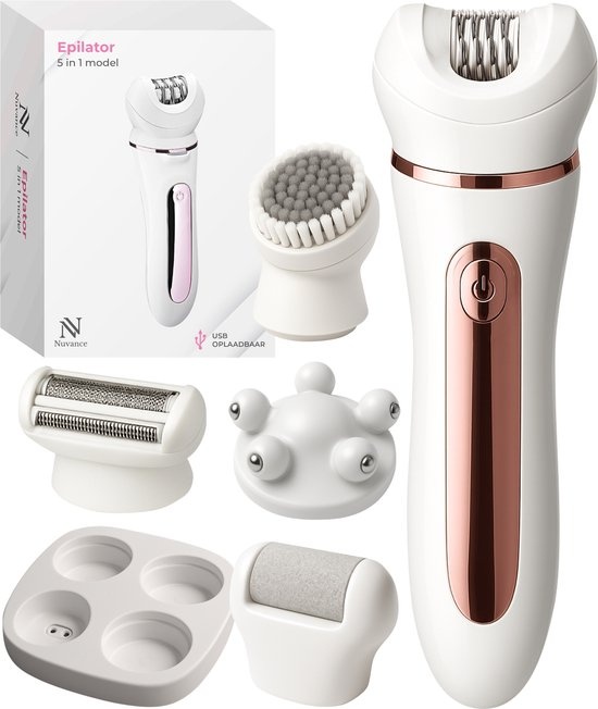 Nuvance Epileerapparaat Dames - Epilator 5-in-1 - Ladyshaves voor Vrouwen - Epilators - Ladyshave - Waterproof - Usb - Wit/Roze