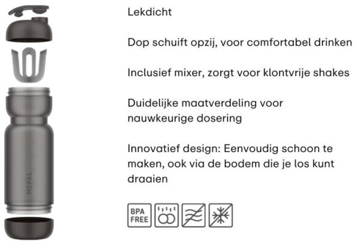 Mepal Shakebeker Sport - 800 ml - Shake en drink - Inclusief mixer & maatverdeling - Eenvoudig schoon te maken - Drinkflessen - Ceramic white
