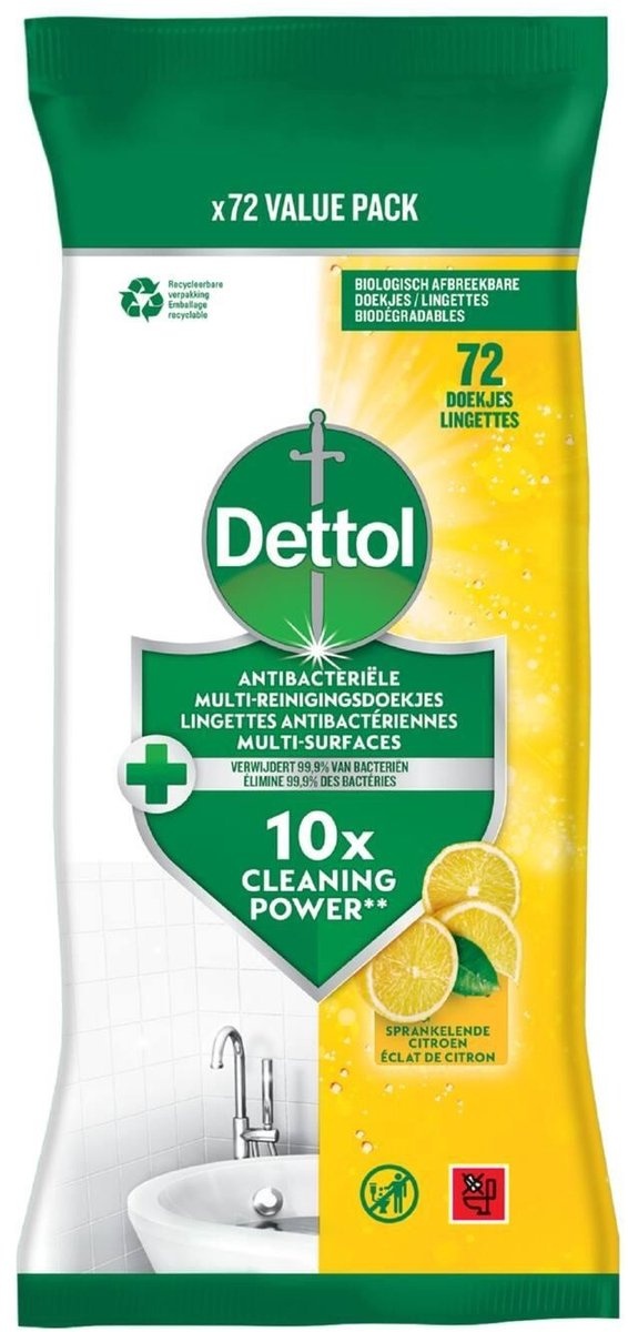 Dettol Antibacteriële Reinigingsdoekjes Sprankelende Citroen - 72 stuks