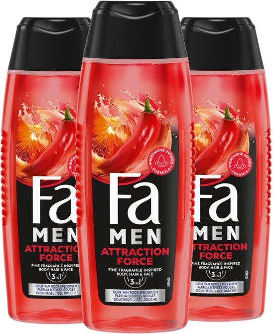 Fa Men Douchegel en Shampoo Attraction Force - 3 x 250 ml - Voordeelverpakking