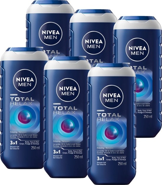 NIVEA MEN Douchegel Total relax Mannen - 3-in-1 Shower Gel - Shampoo - Voordeelverpakking - 6 x 250 ml