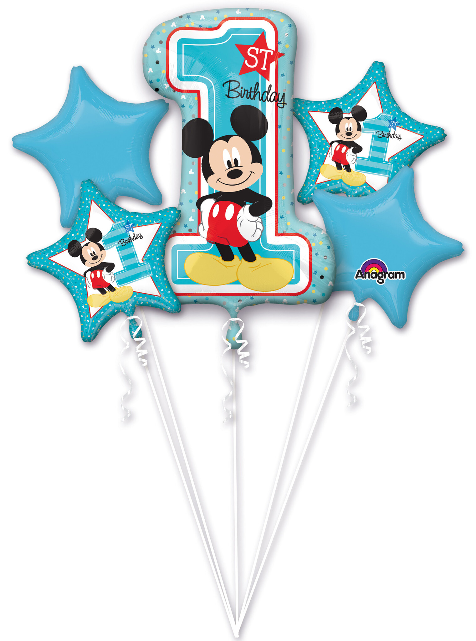 5 Ballonnen Mickey Mouse 1e verjaardag blauw