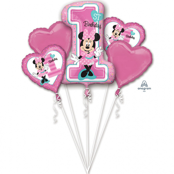 5 Ballonnen Minnie Mouse 1e verjaardag roze