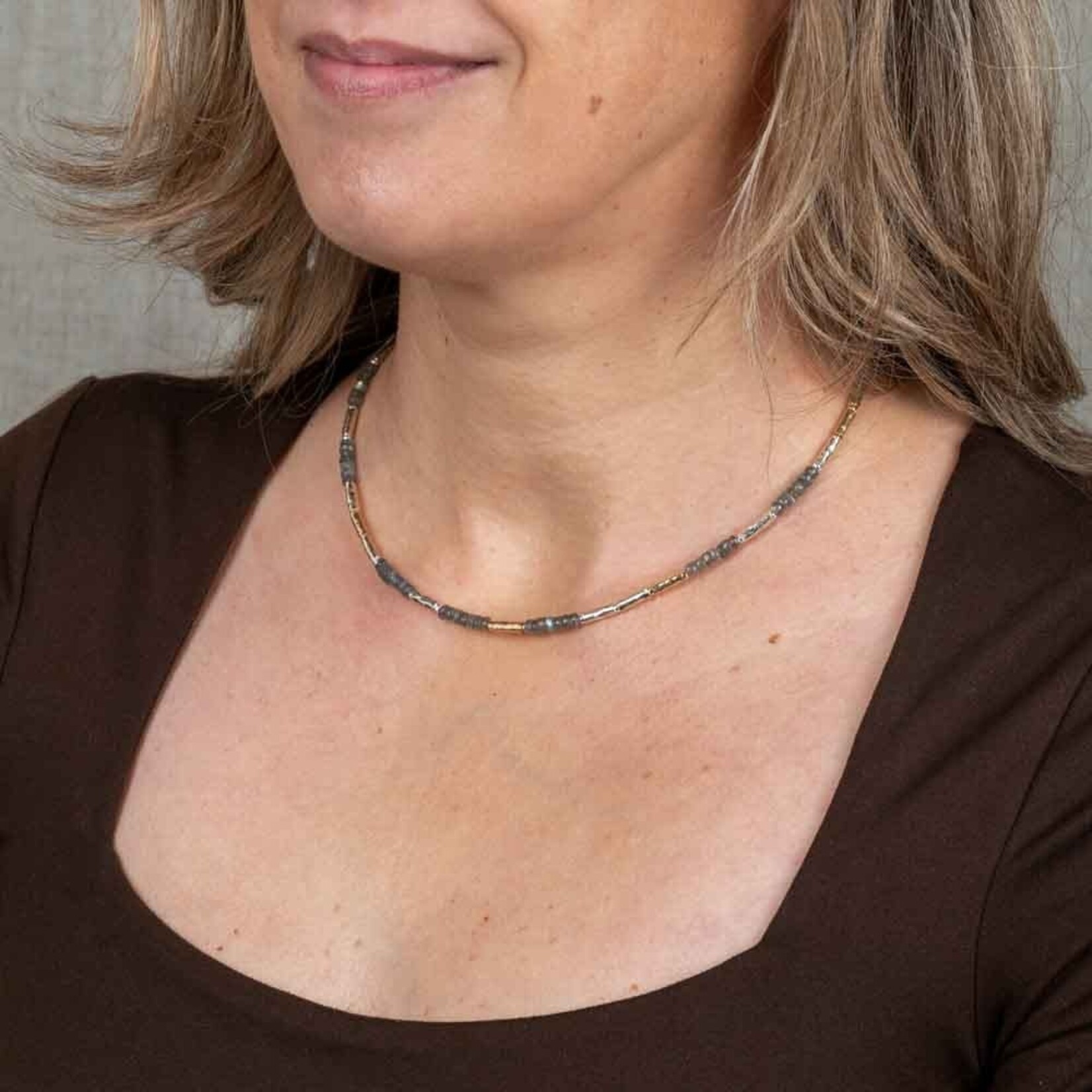 Jéh Jewels Jeh Jewels collier buisjes zilver oxy met goldfilled en labradoriet 21714