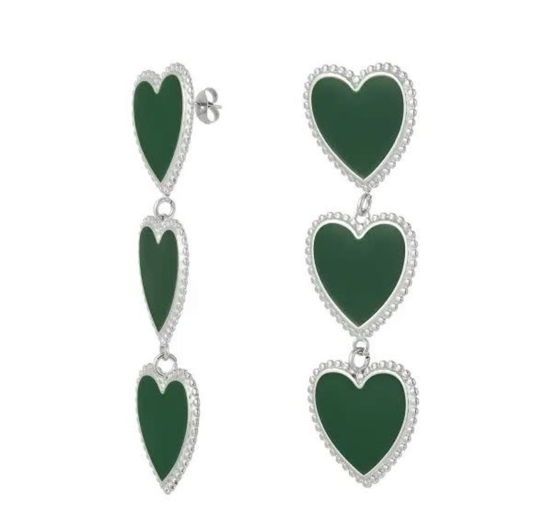 J.Y.M. Earrings 3 graceful hearts in a row - green