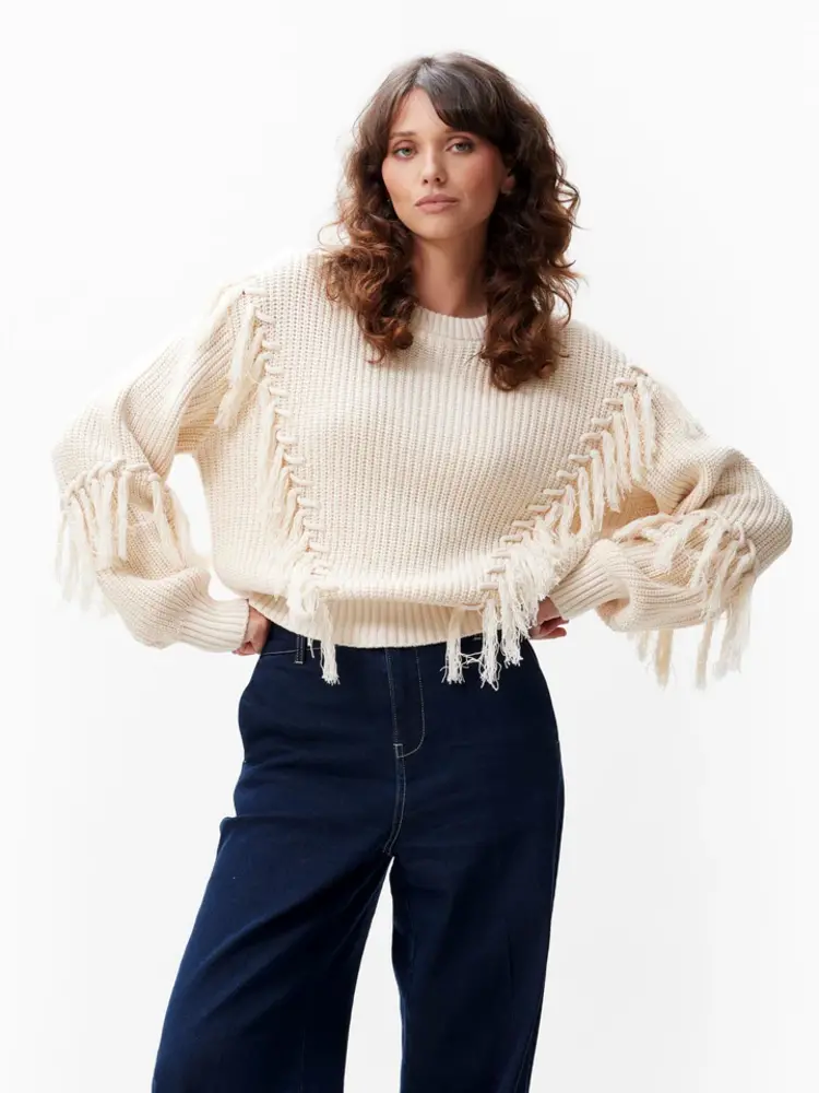 Catwalk Junkie  Relaxed Fringed Knit - Moonbeam