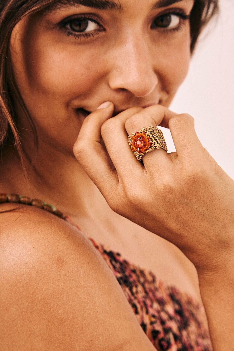 Mesh Ring With Gem Flower - orange