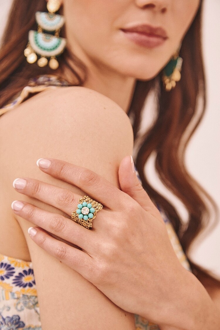Mesh Ring With Gem Flower - bleu