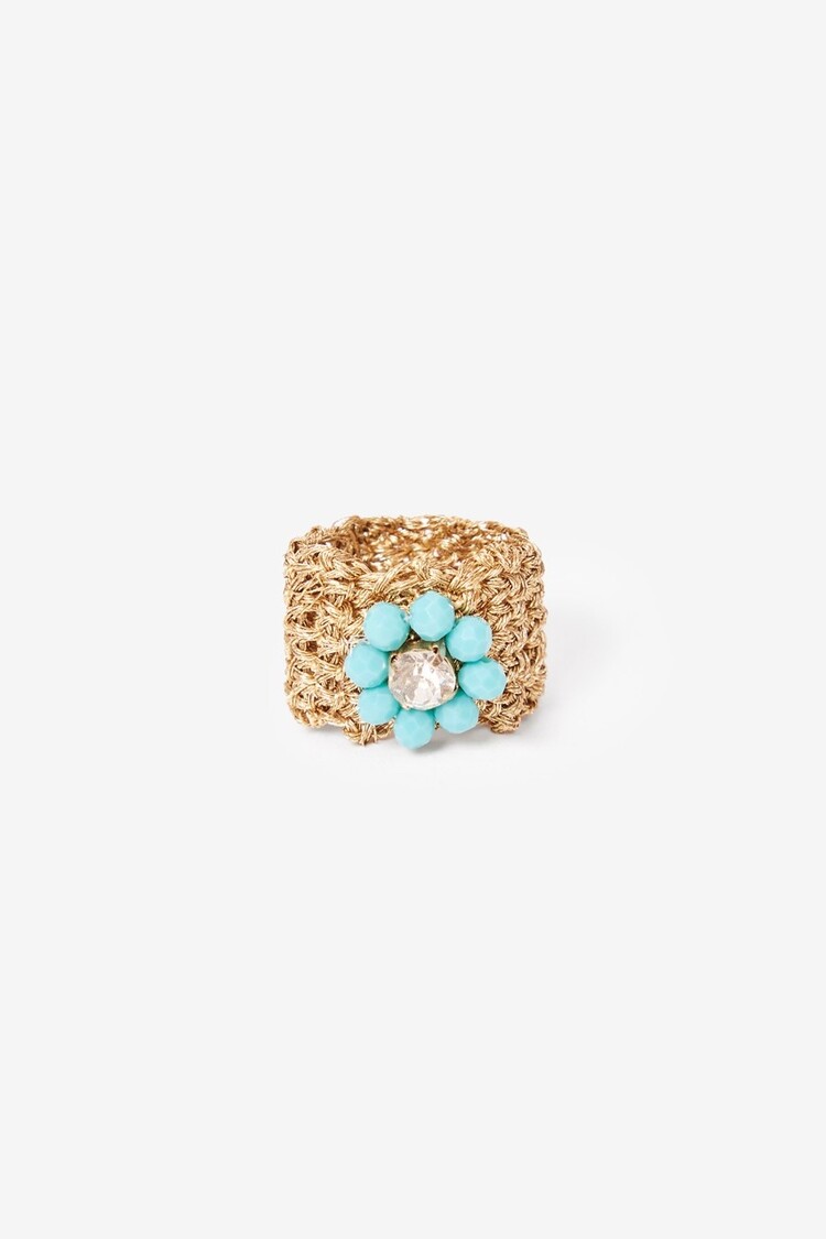 Mesh Ring With Gem Flower - bleu