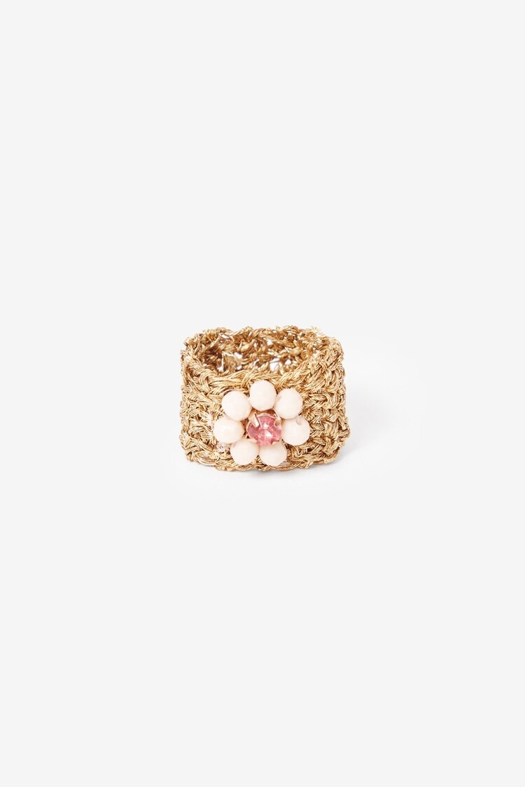 Mesh Ring With Gem Flower - beige