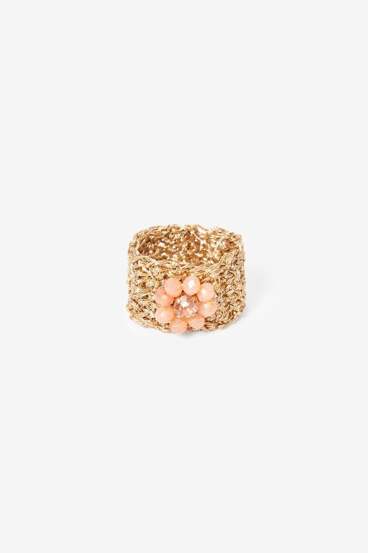 Ring van mesh met edelsteenbloem - peach
