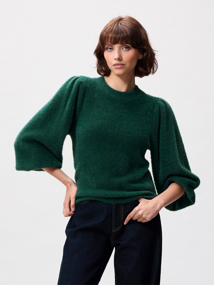 Catwalk Junkie Fuzzy Puff Sleeve Knit - pine forest