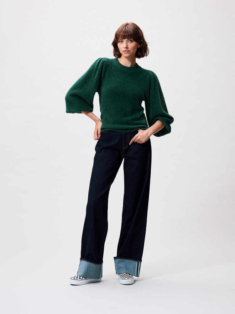 Catwalk Junkie Fuzzy Puff Sleeve Knit - pine forest