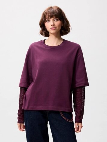 Catwalk Junkie Loose Fit Tshirt With Lace Sleeves - winetasting