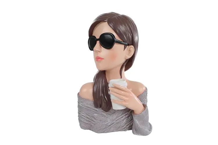 Sculptuur Lady met bril – Beige polystone beeld 27cm