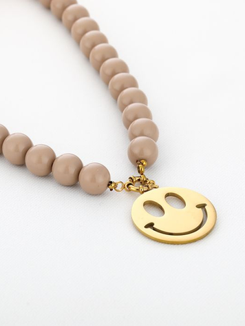 Beaded Smiley Necklace - beige