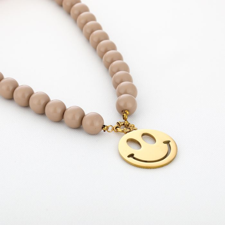 Beaded Smiley Necklace - beige