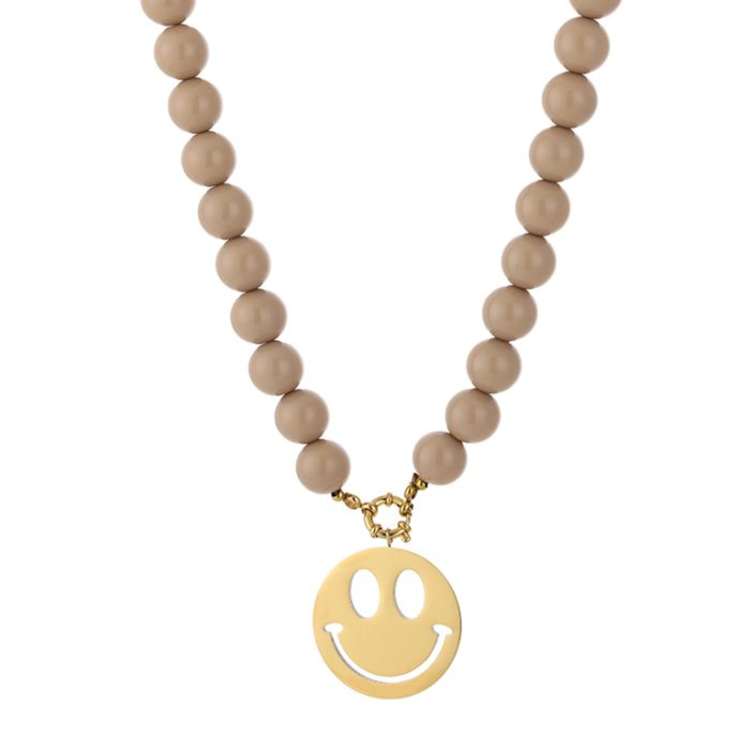 Beaded Smiley Necklace - beige