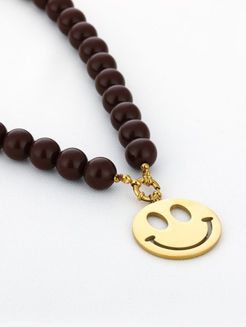 Beaded Smiley Necklace - brown