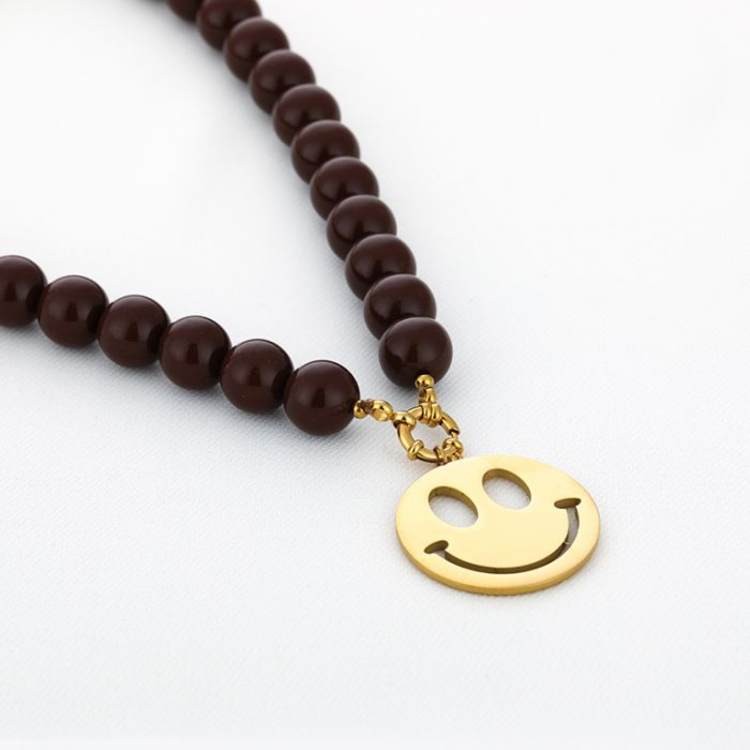 Beaded Smiley Necklace - brown