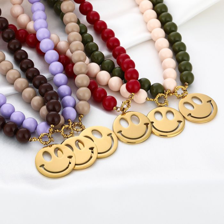Beaded Smiley Necklace - brown