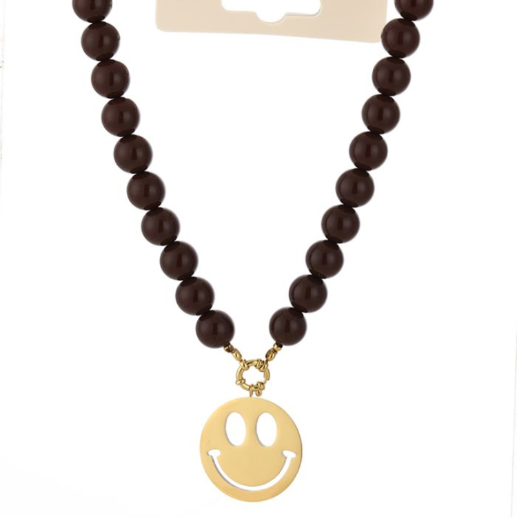 Beaded Smiley Necklace - brown