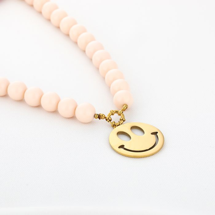 Beaded Smiley Necklace - khaki