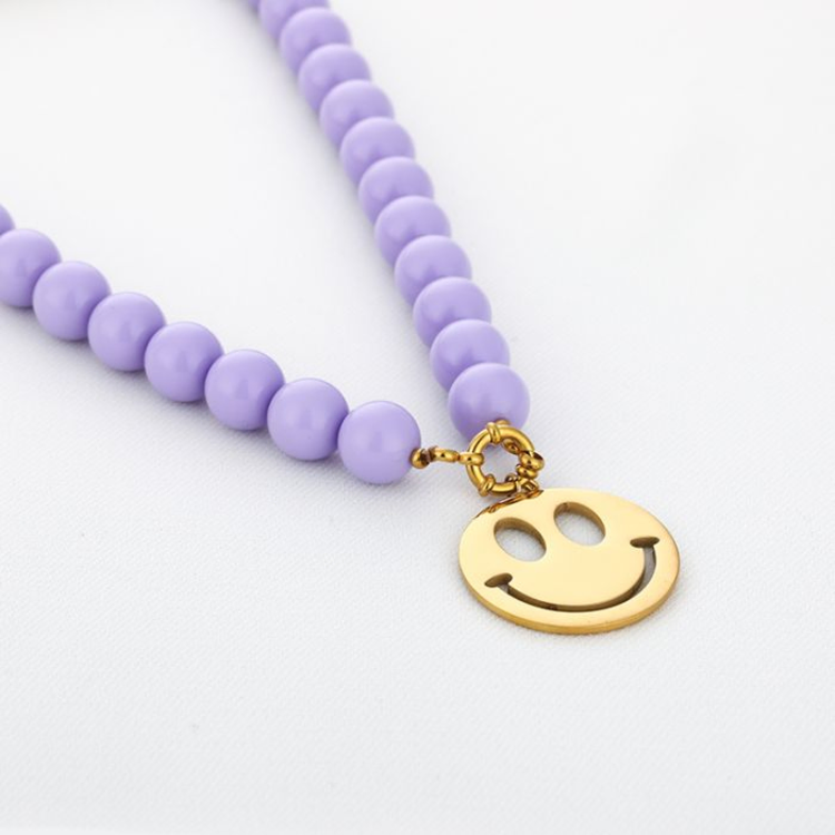 Beaded Smiley Necklace - lila