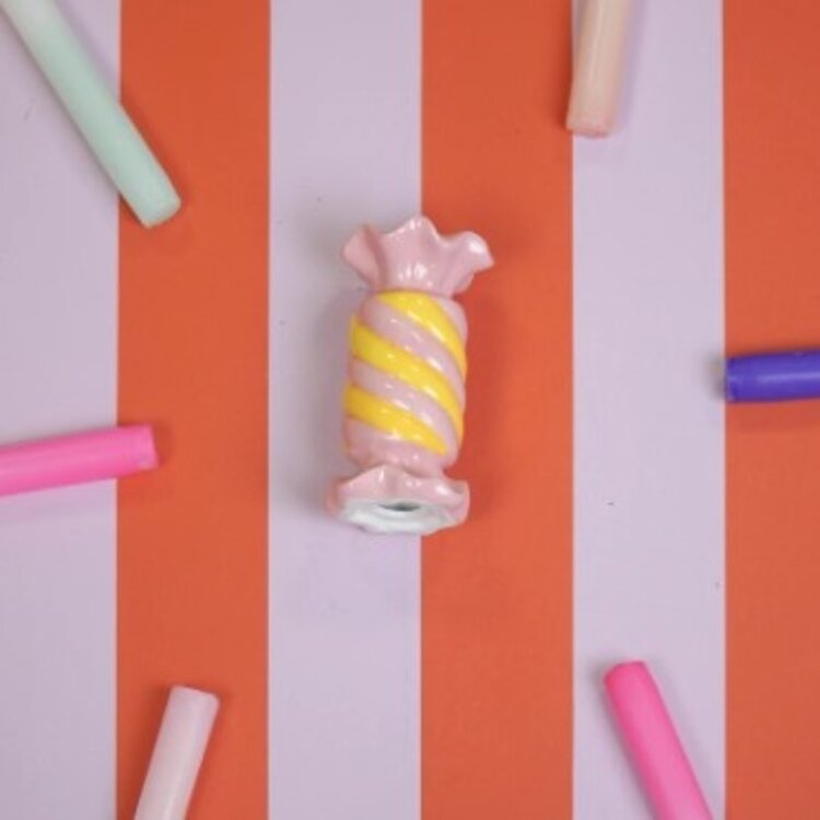 House Vitamin Candle Holder- Toffee Candy - Ceramic-Pink/ Yellow- 7,5x7,5x13 cm